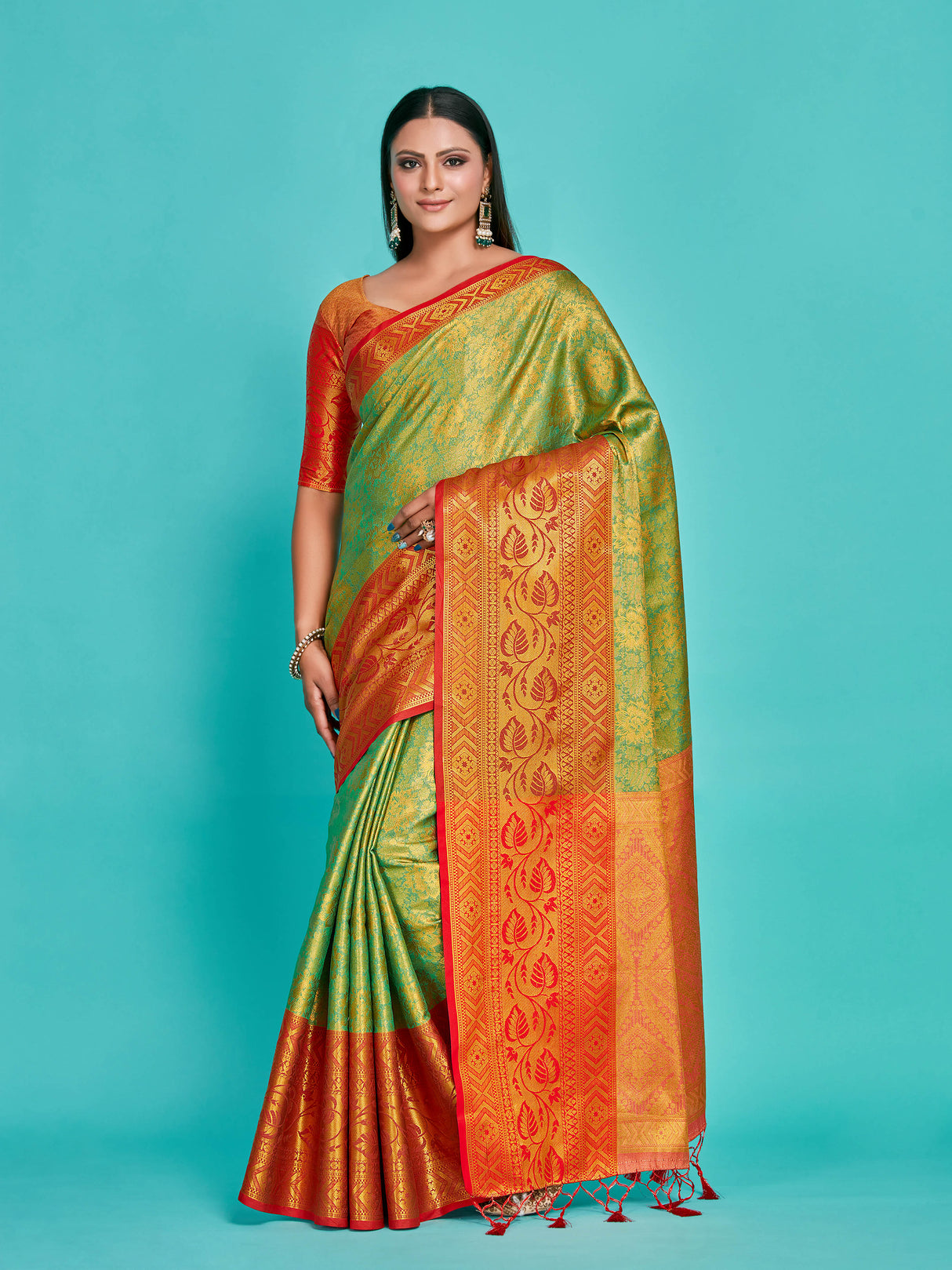 Mimosa Women's Woven Design Kanjivaram Art Silk Saree With Blouse Piece : SA00001292GRNFREE