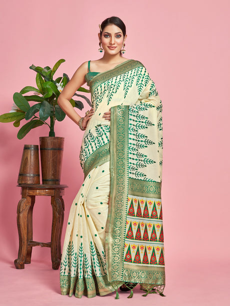 Mimosa Women's Woven Design Banarasi Linen Saree With Blouse Piece : SA00001284GRNFREE