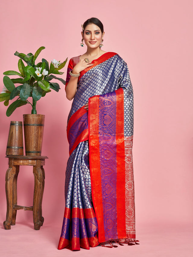 Mimosa Women's Woven Design Kanjivaram Art Silk Saree With Blouse Piece : SA00001285NVFREE