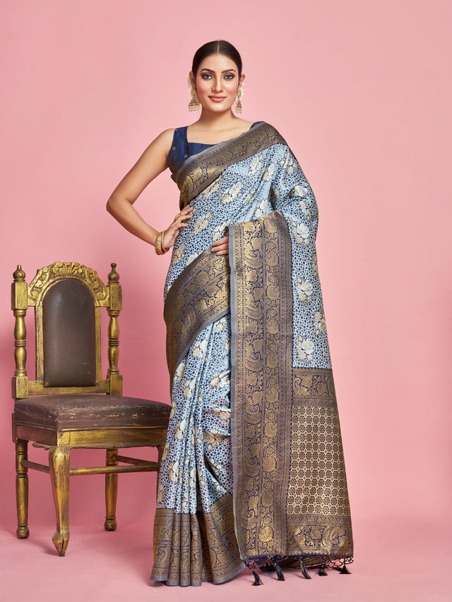 Mimosa Women's Woven Design Kanjivaram Art Silk Saree With Blouse Piece : SA00001283GYFREE