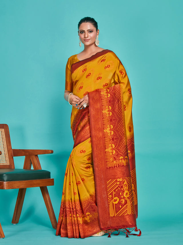 Mimosa Women's Woven Design Kanjivaram Art Silk Saree With Blouse Piece : SA00001295GDFREE