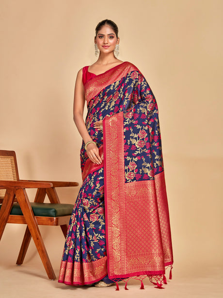 Mimosa Women's Woven Design Kanjivaram Art Silk Saree With Blouse Piece : SA00001279NVFREE