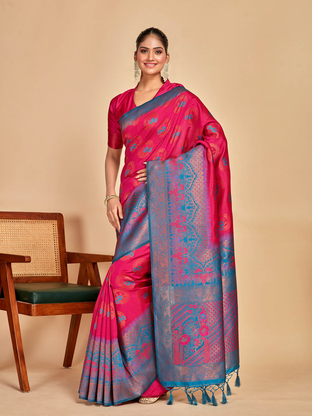 Mimosa Women's Woven Design Kanjivaram Art Silk Saree With Blouse Piece : SA00001295RNFREE