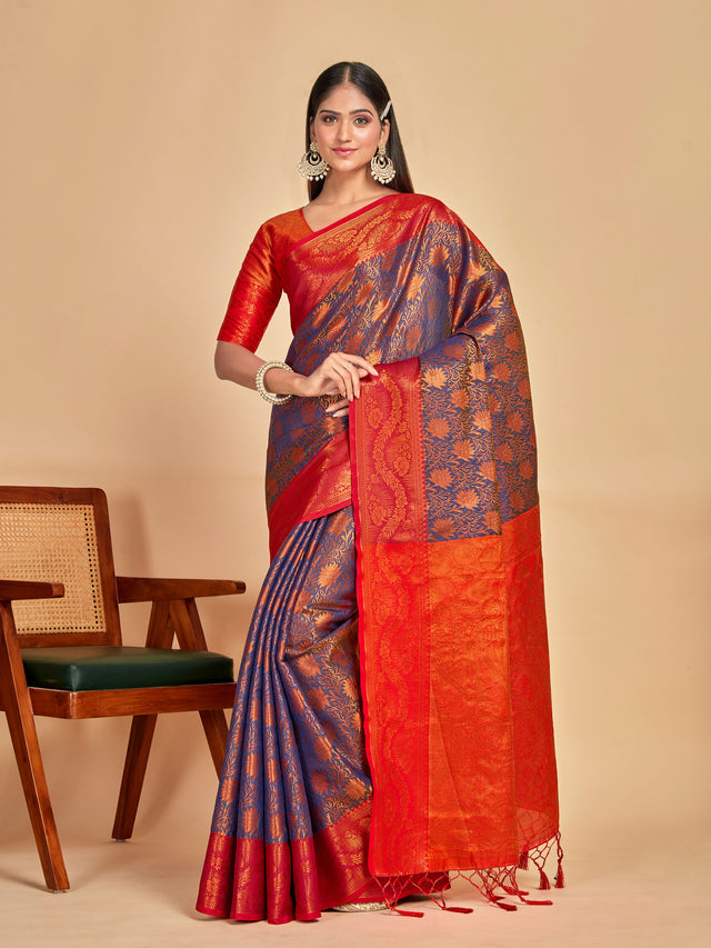 Mimosa Women's Woven Design Kanjivaram Art Silk Saree With Blouse Piece : SA00001294NVFREE