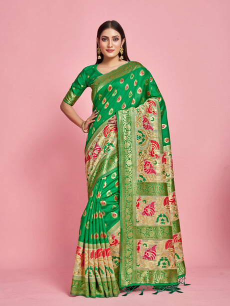 Mimosa Women's Woven Design Kanjivaram Art Silk Saree With Blouse Piece : SA00001259GRNFREE