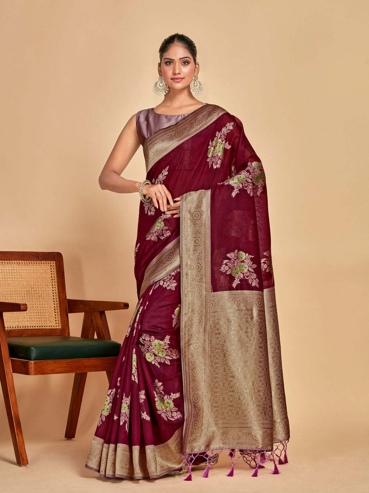 Mimosa Women's Woven Design Kanjivaram Linen Saree With Blouse Piece : SA00001258WNFREE