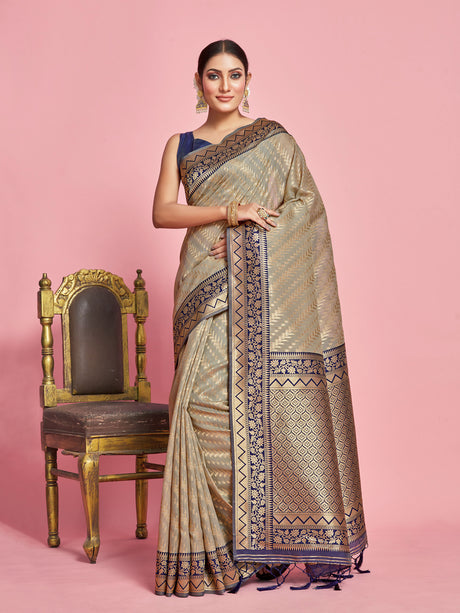 Mimosa Women's Woven Design Kanjivaram Linen Saree With Blouse Piece : SA00001256GYFREE