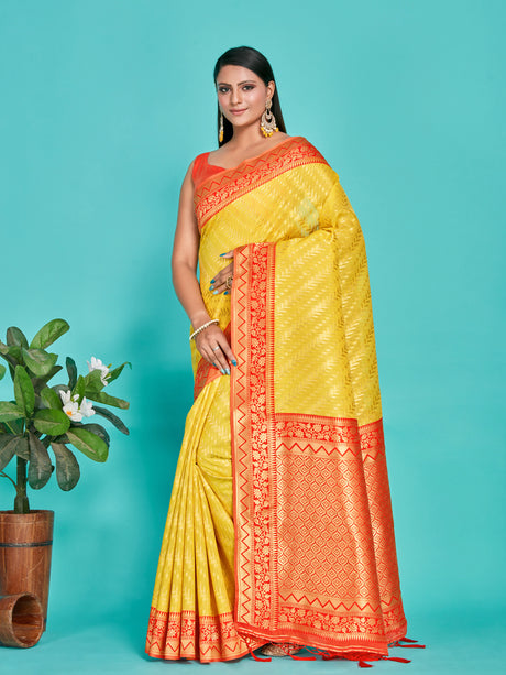 Mimosa Women's Woven Design Kanjivaram Linen Saree With Blouse Piece : SA00001256GDFREE