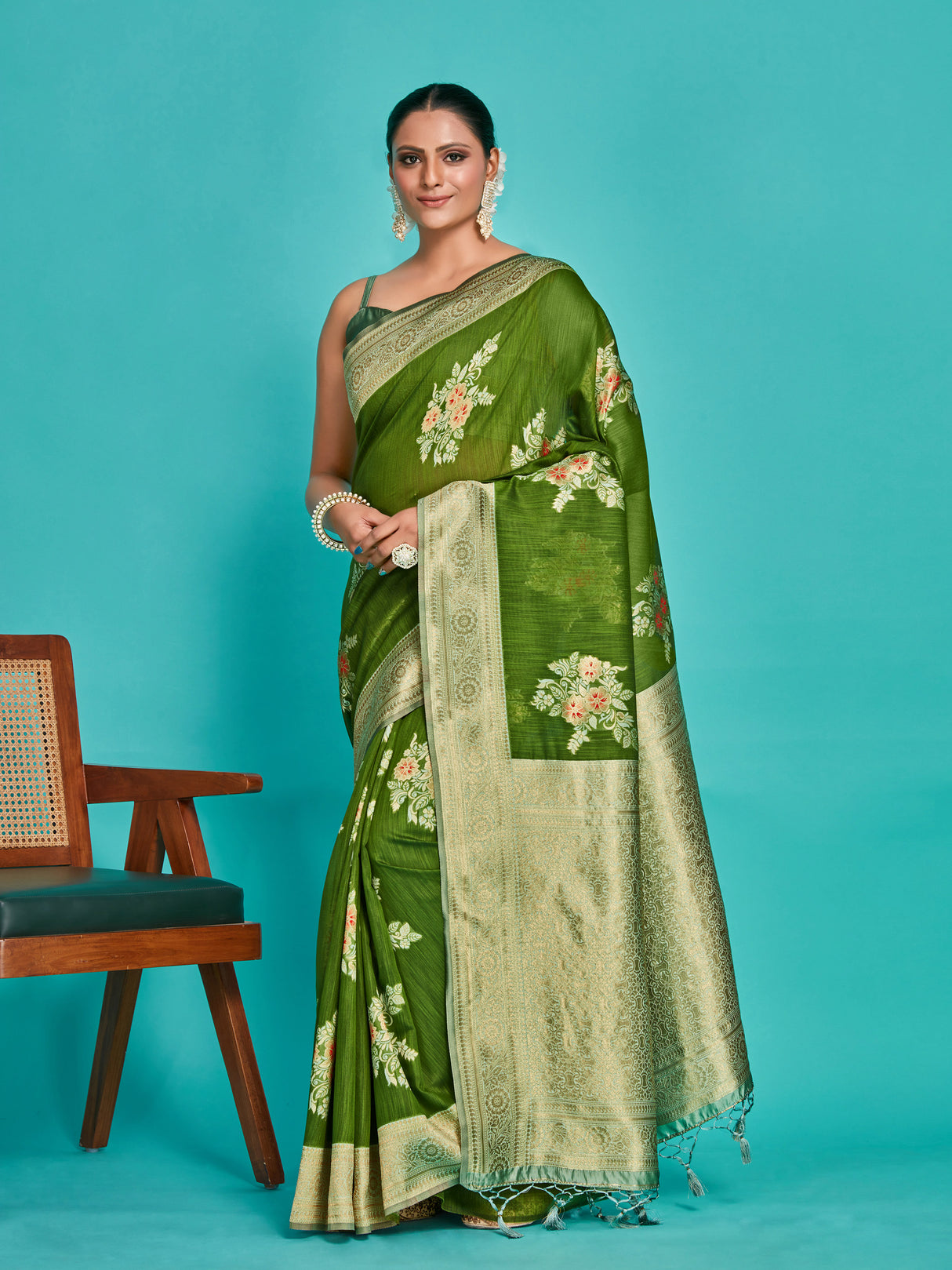 Mimosa Women's Woven Design Kanjivaram Linen Saree With Blouse Piece : SA00001258GRNFREE