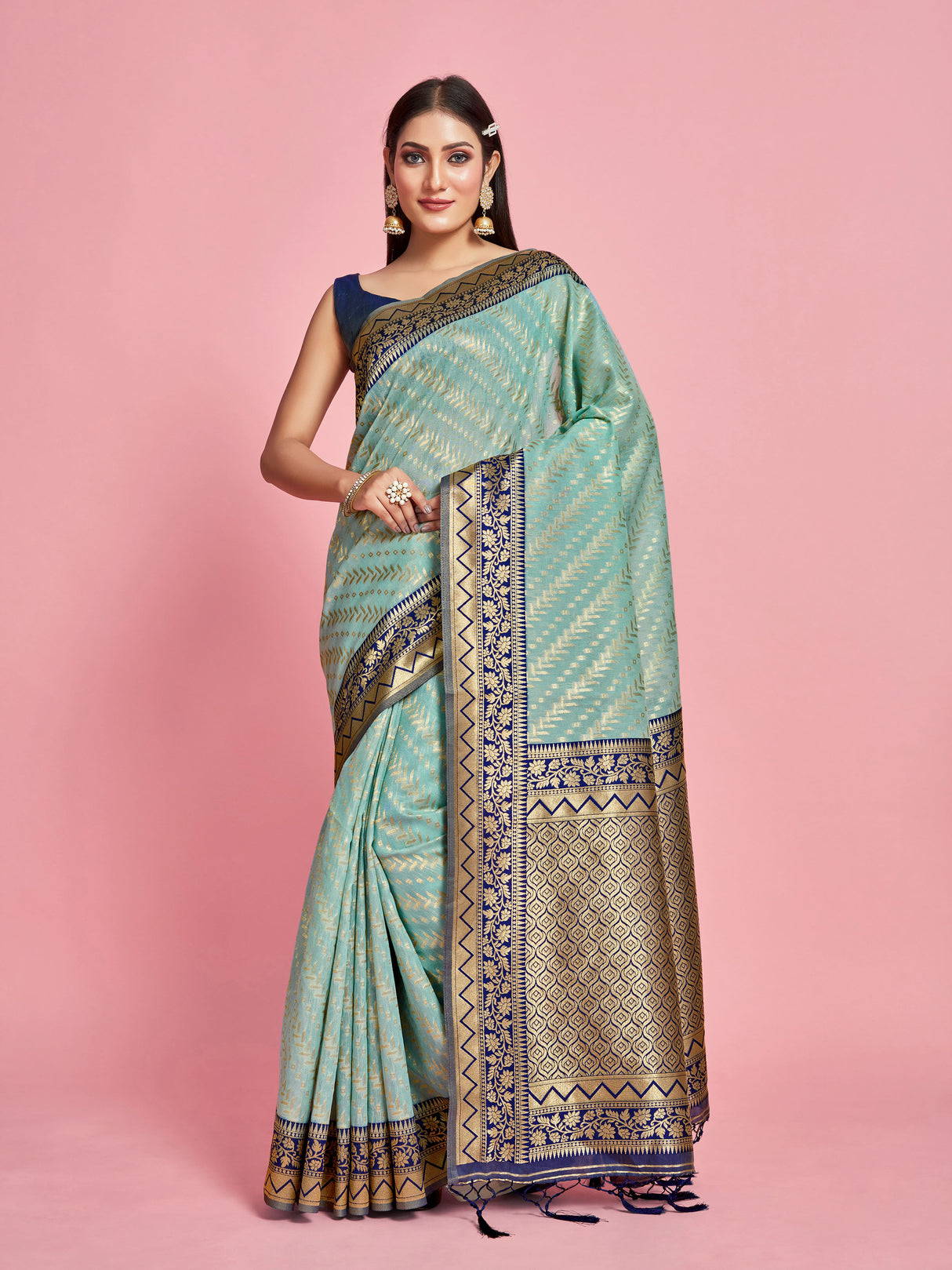 Mimosa Women's Woven Design Kanjivaram Linen Saree With Blouse Piece : SA00001256SFFREE