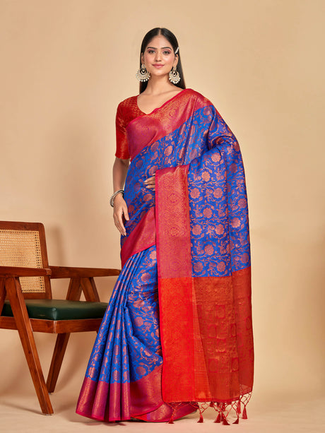 Mimosa Women's Woven Design Kanjivaram Art Silk Saree With Blouse Piece : SA00001291RBFREE