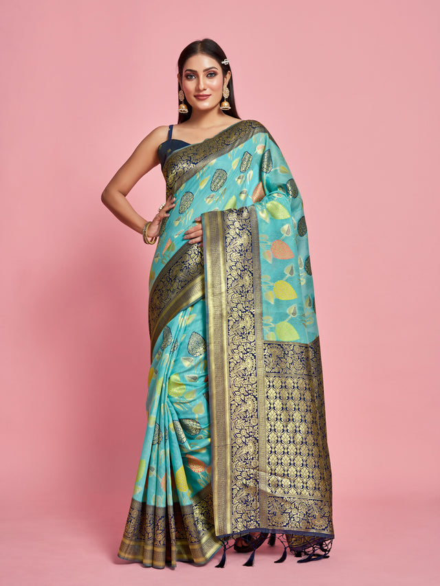 Mimosa Women's Woven Design Kanjivaram Linen Saree With Blouse Piece : SA00001248SFFREE