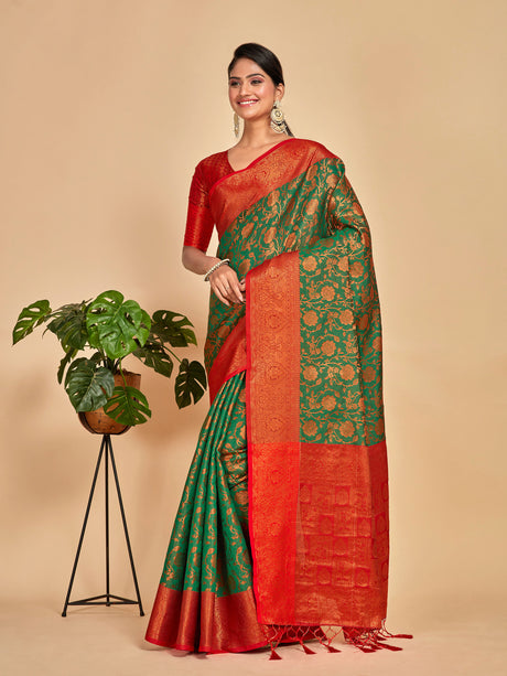 Mimosa Women's Woven Design Kanjivaram Art Silk Saree With Blouse Piece : SA00001291GRNFREE