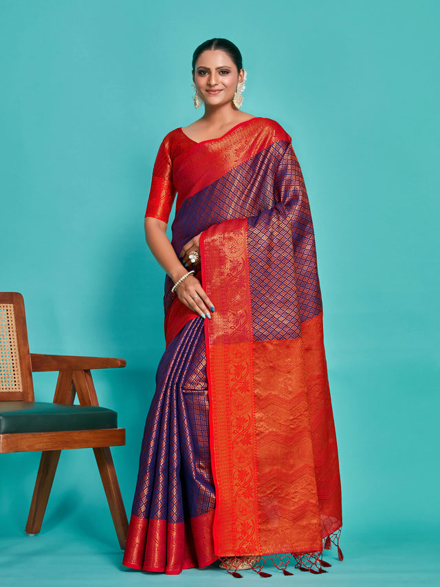 Mimosa Women's Woven Design Kanjivaram Art Silk Saree With Blouse Piece : SA00001293NVFREE