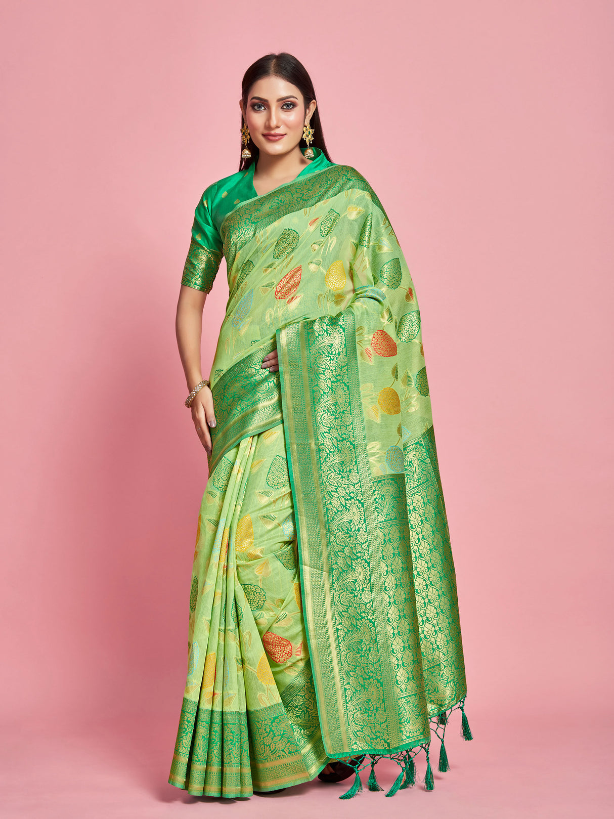 Mimosa Women's Woven Design Kanjivaram Linen Saree With Blouse Piece : SA00001248LRFREE