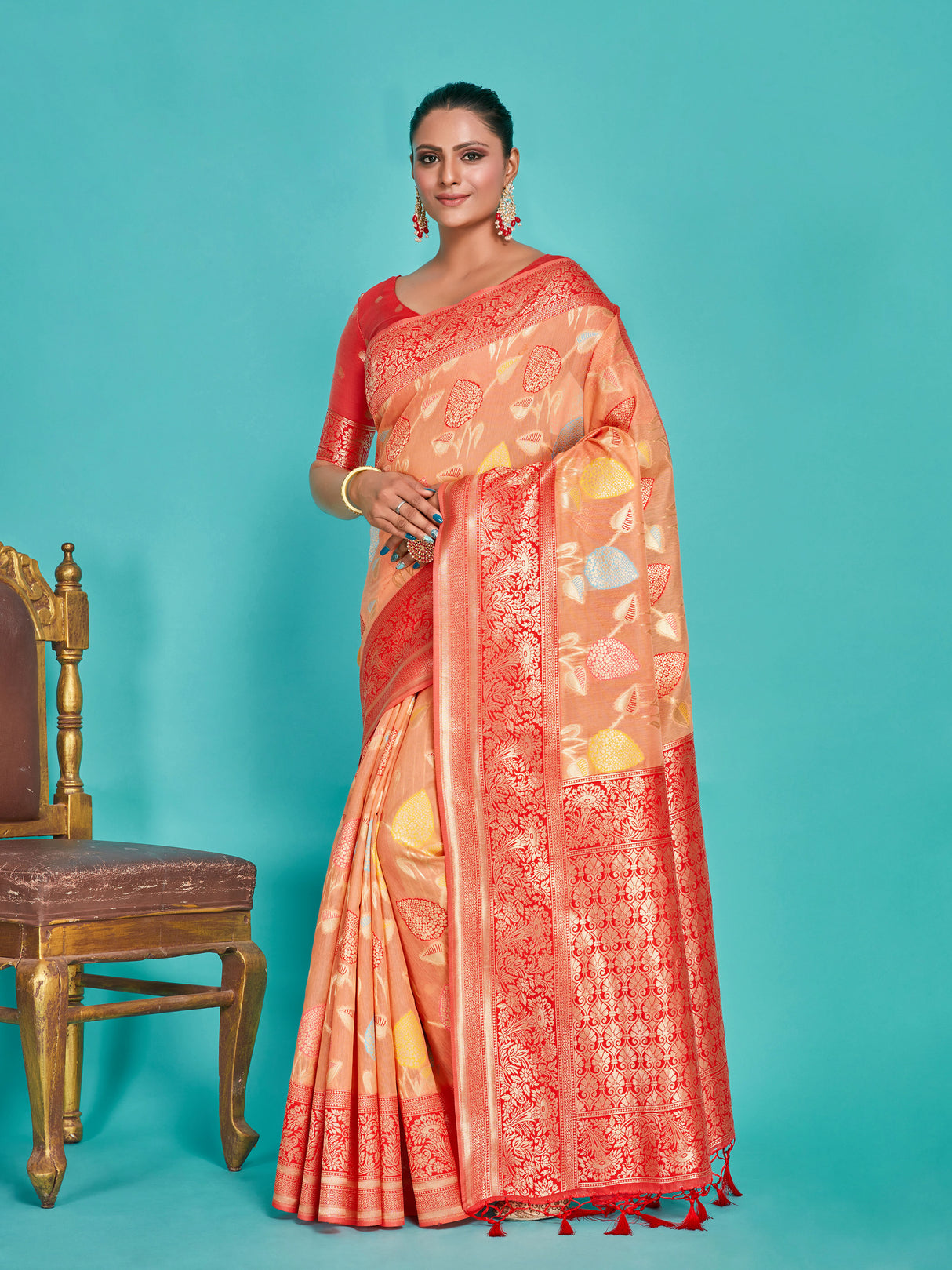 Mimosa Women's Woven Design Kanjivaram Linen Saree With Blouse Piece : SA00001248PCFREE