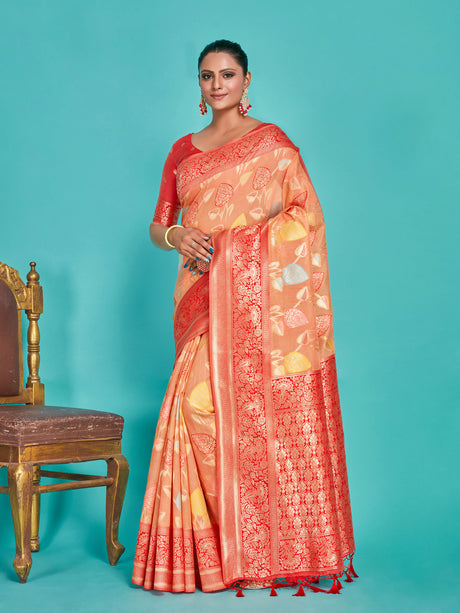 Mimosa Women's Woven Design Kanjivaram Linen Saree With Blouse Piece : SA00001248PCFREE