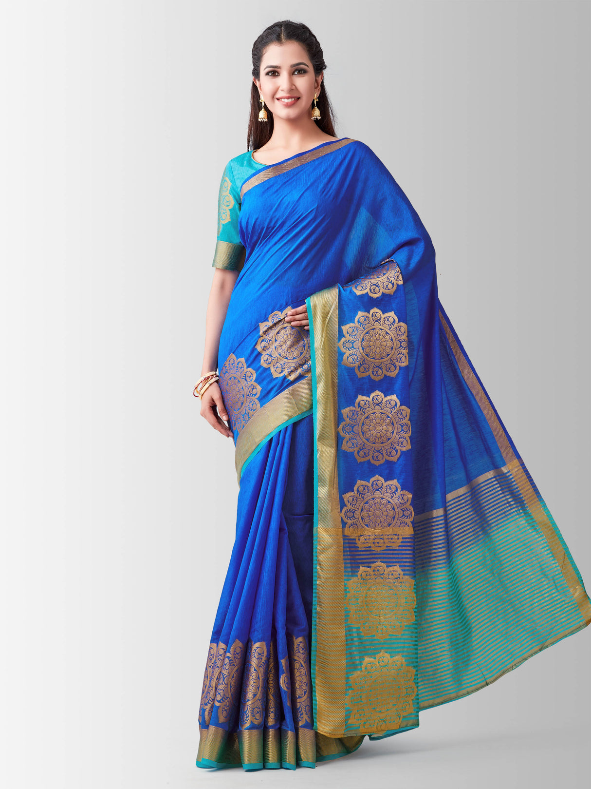 Mimosa Womens Linen Saree Kanjivaram style Royal Blue Color