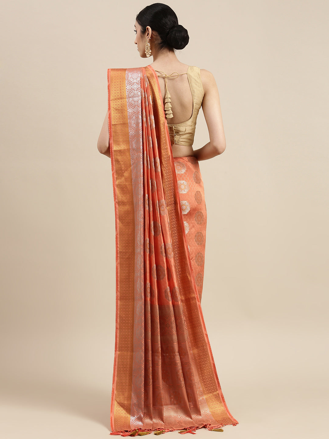 Mimosa Womens Art Silk Saree Kanjivaram Peach Color