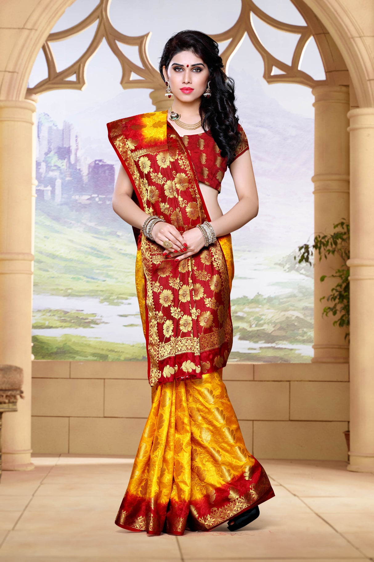 Mimosa Womens Art Silk Saree Kanjivaram Gold Color