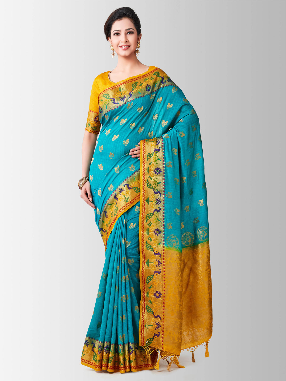 Mimosa Womens Art Silk Saree Kanjivaram Saffire Color