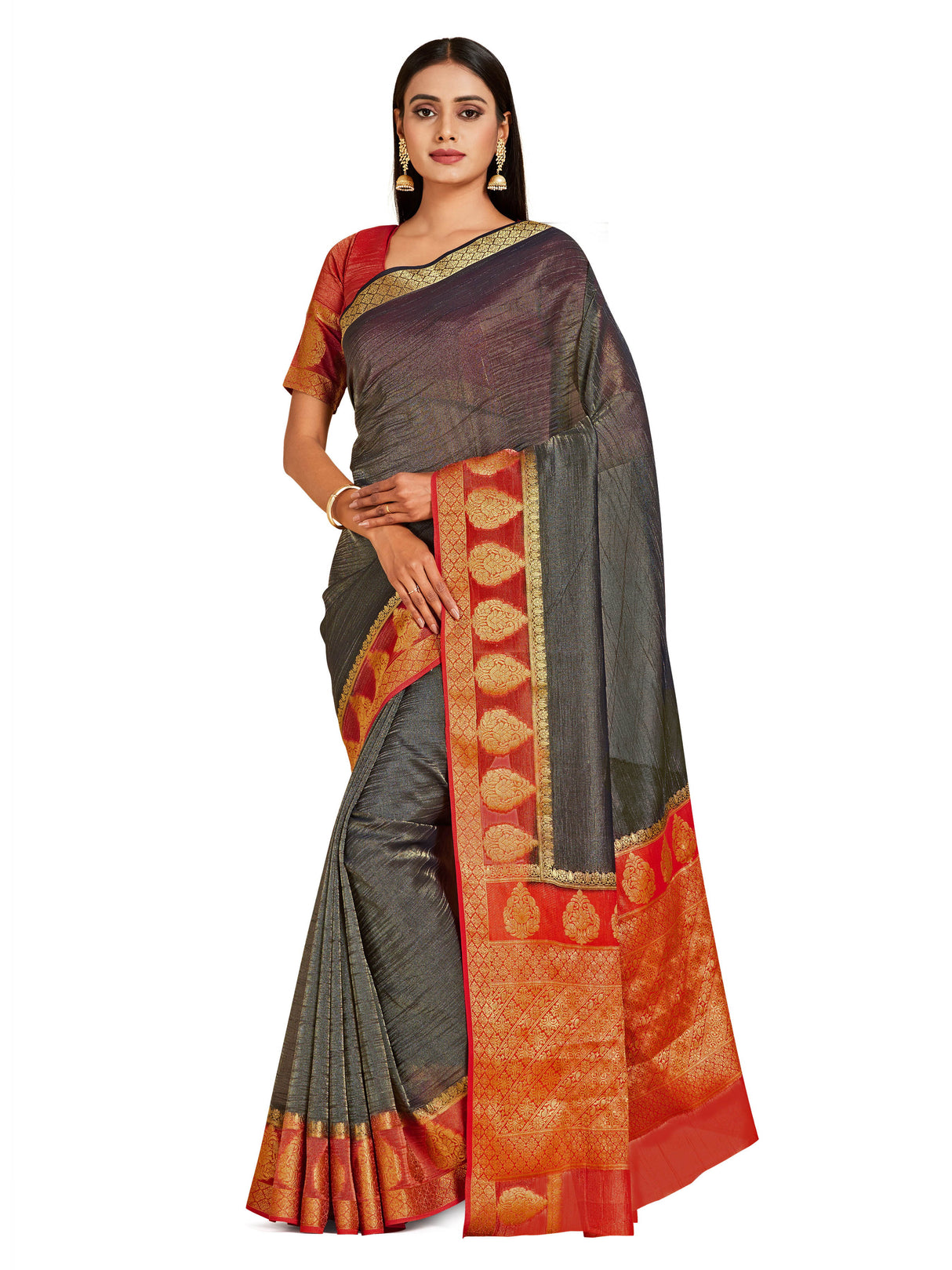 Mimosa Womens Art Silk Saree Kanjivaram style Black Color