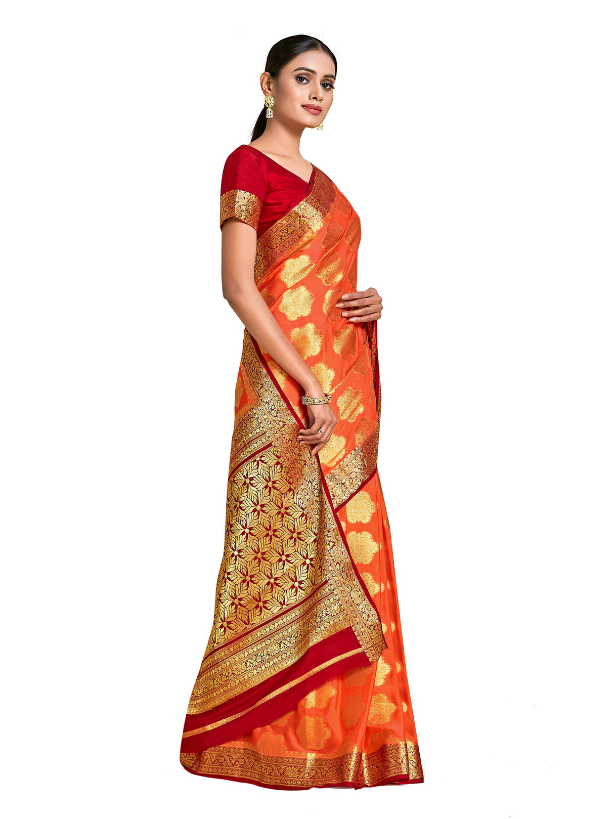 Mimosa Womens Crepe Saree Mysore Silk Peach Color