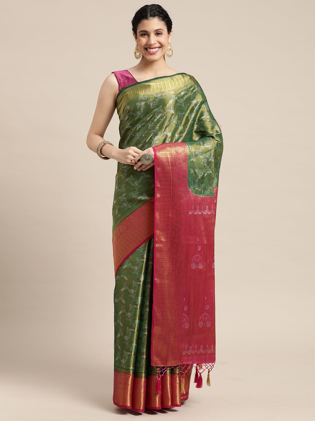 Mimosa Womens Art Silk Saree Kanjivaram Green Color