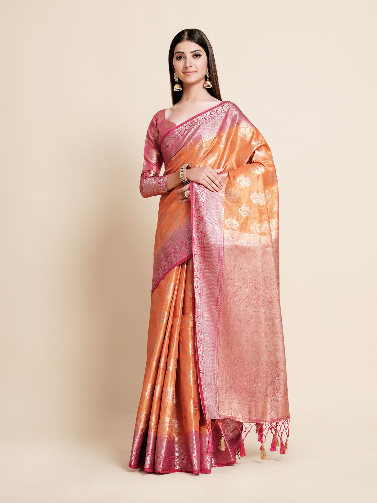 Mimosa Womens Art Silk Saree Kanjivaram Peach Color