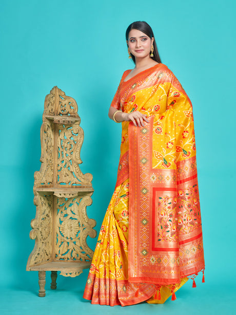 Mimosa Women's Woven Design Kanjivaram Style Art Silk Saree With Blouse Piece : SA00001416GDFREE