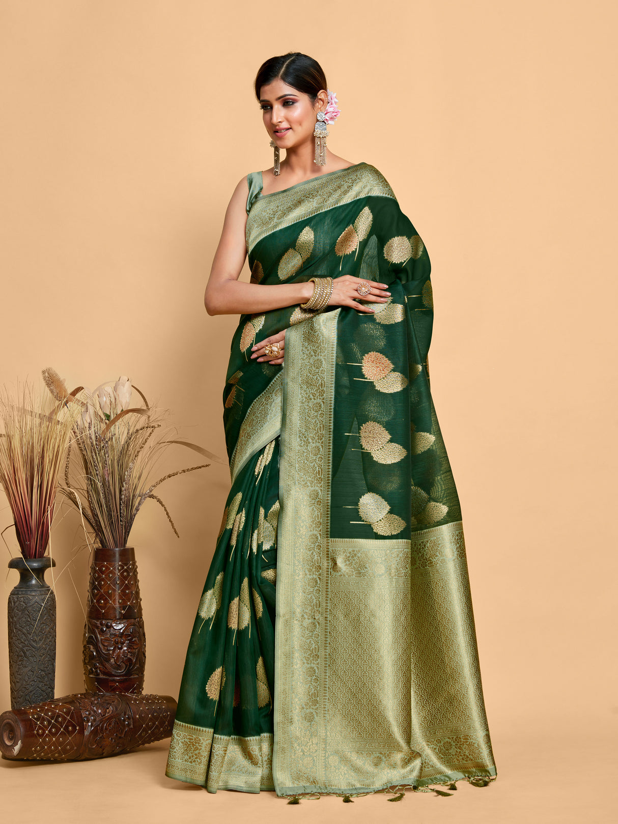 Mimosa Women's Woven Design Kanjivaram Linen Saree With Blouse Piece : SA00001234BGFREE