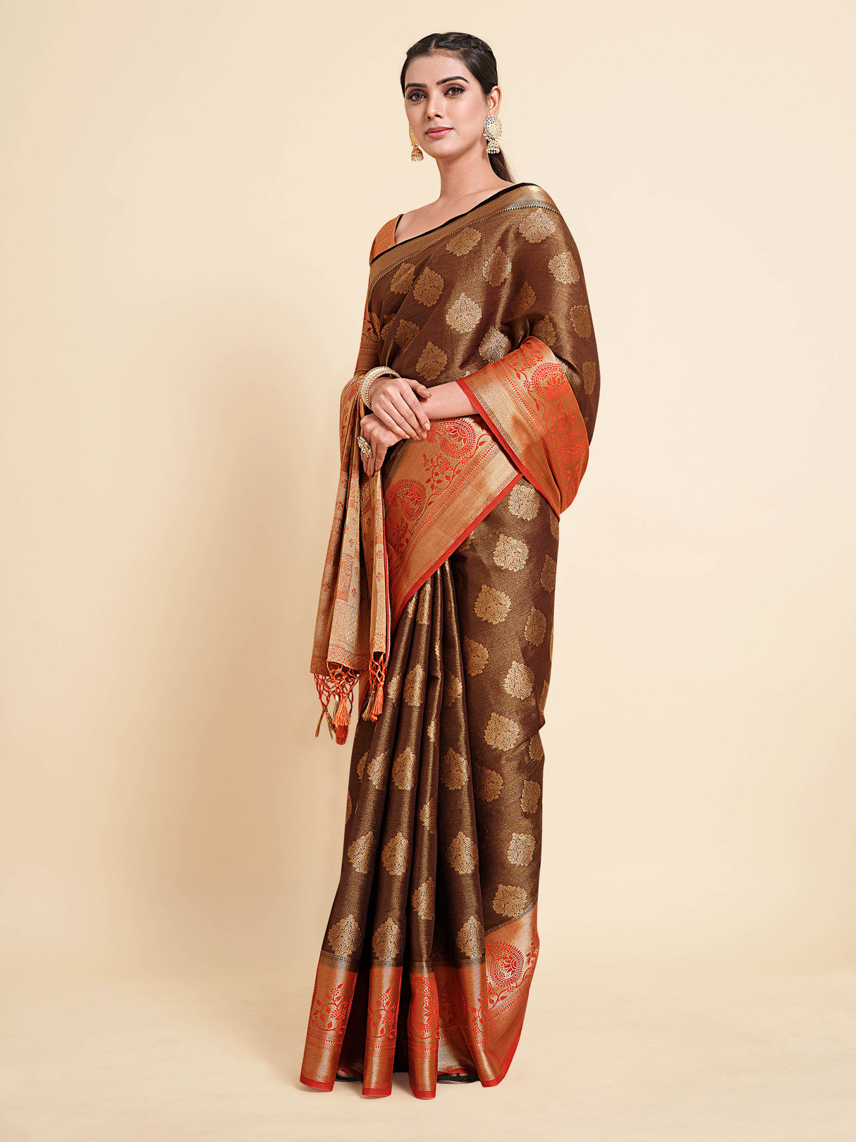 Mimosa Womens Art Silk Saree Kanjivaram Chocolate Color