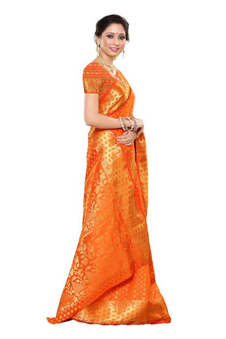 Mimosa Womens Art Silk Saree Kanjivaram Orange Color