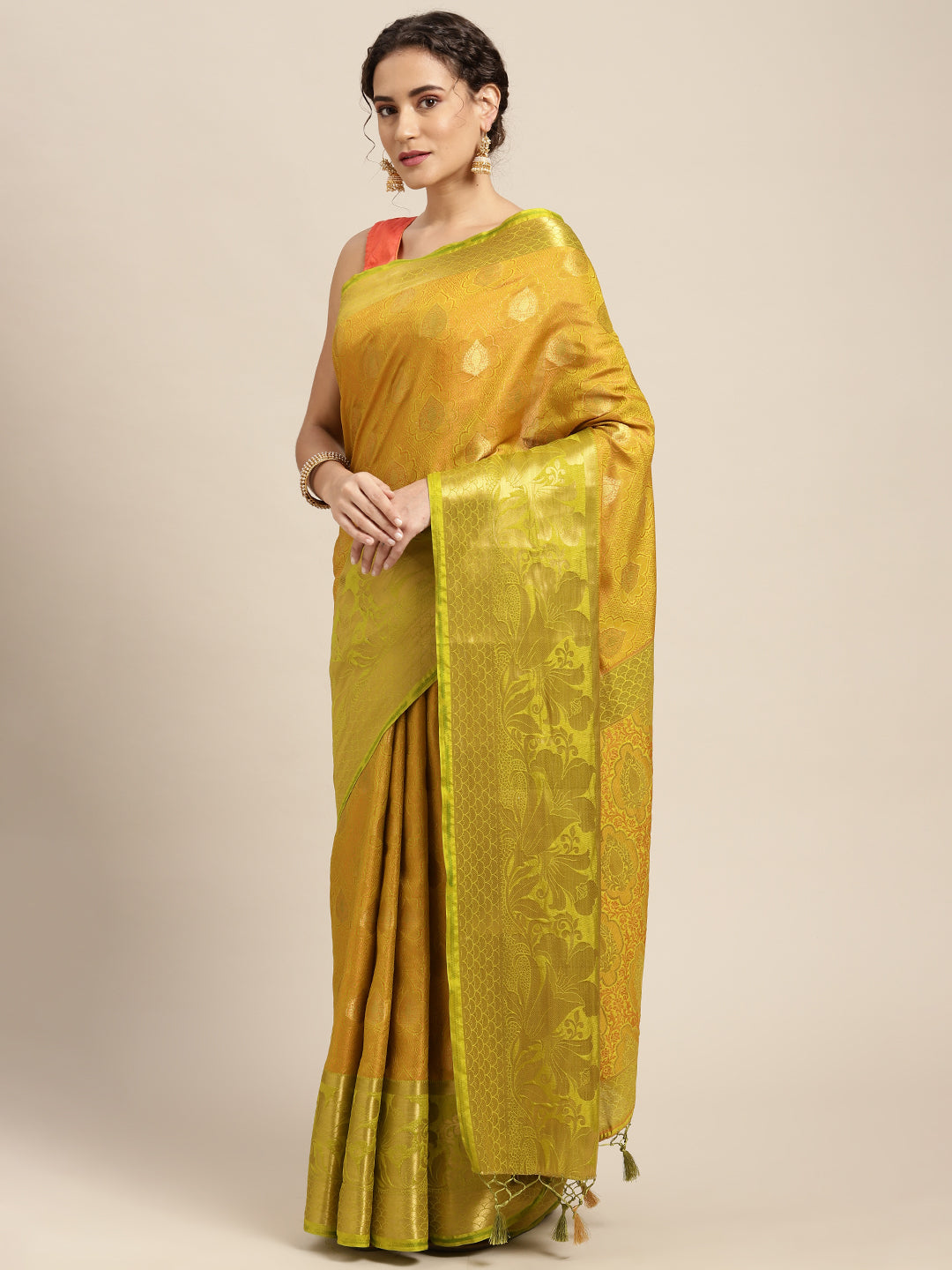 Mimosa Womens Art Silk Saree Kanjivaram Olive Color