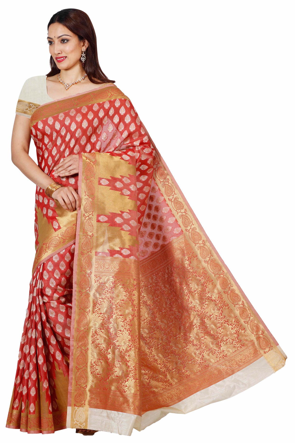 Mimosa Womens Art Silk Saree Kanjivaram Cream Color