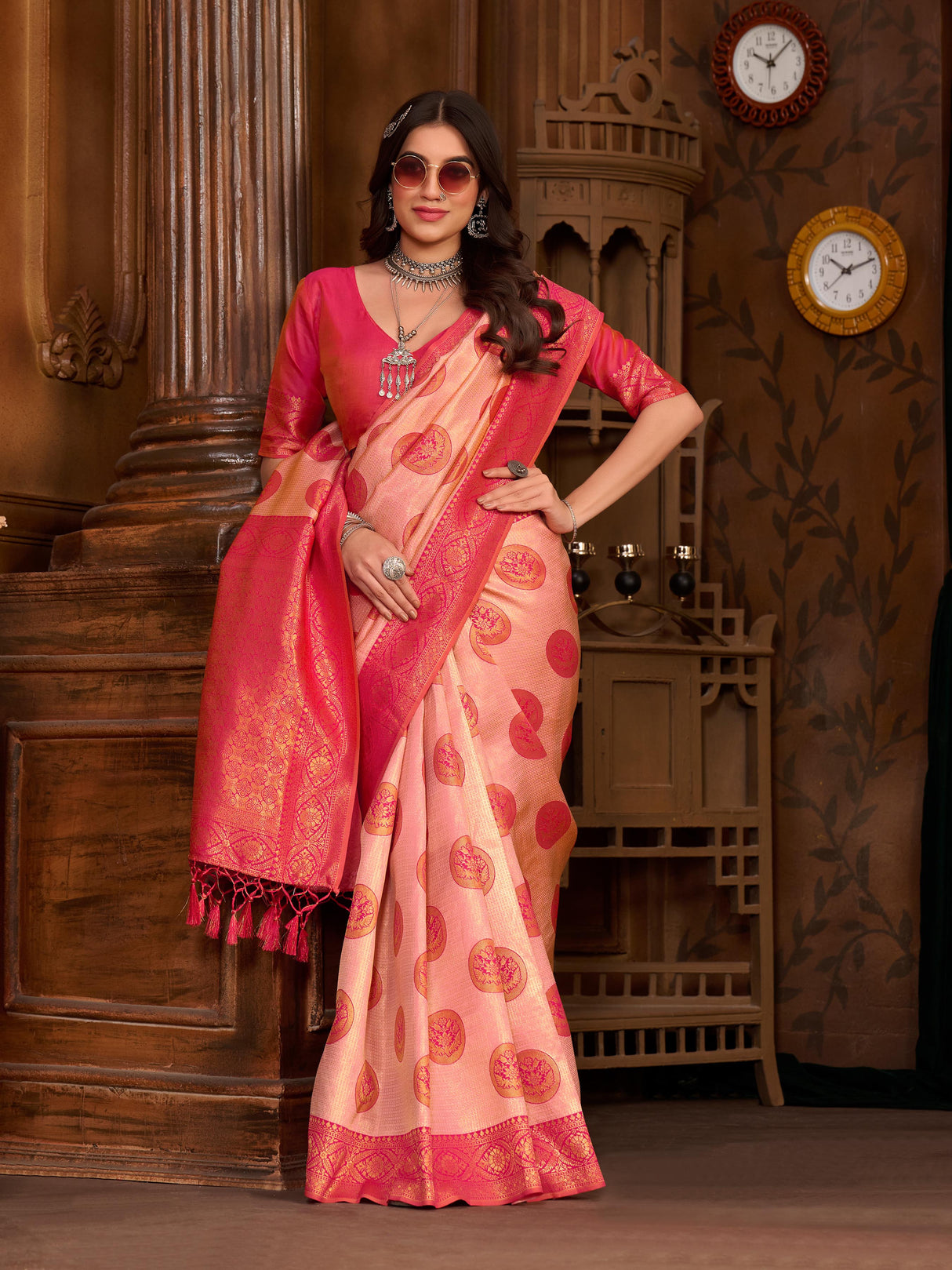 Mimosa Women's Woven Design Kanjivaram Art Silk Saree With Blouse Piece : SA0000889PNK