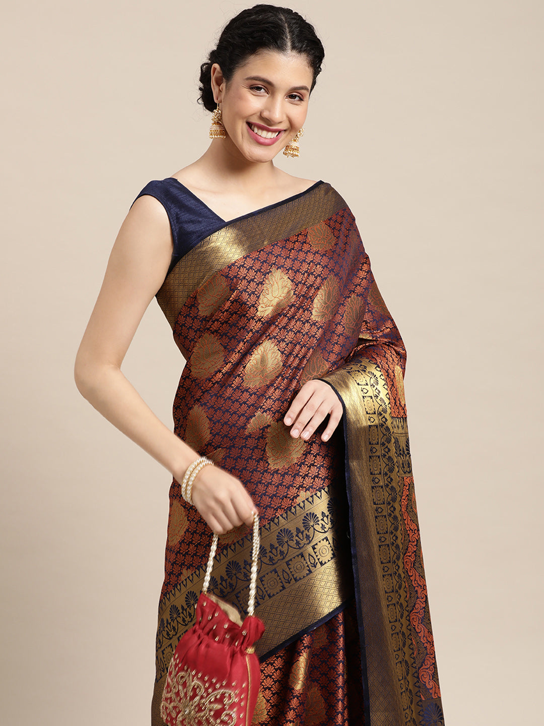 Mimosa Womens Art Silk Saree Kanjivaram Navy Blue Color