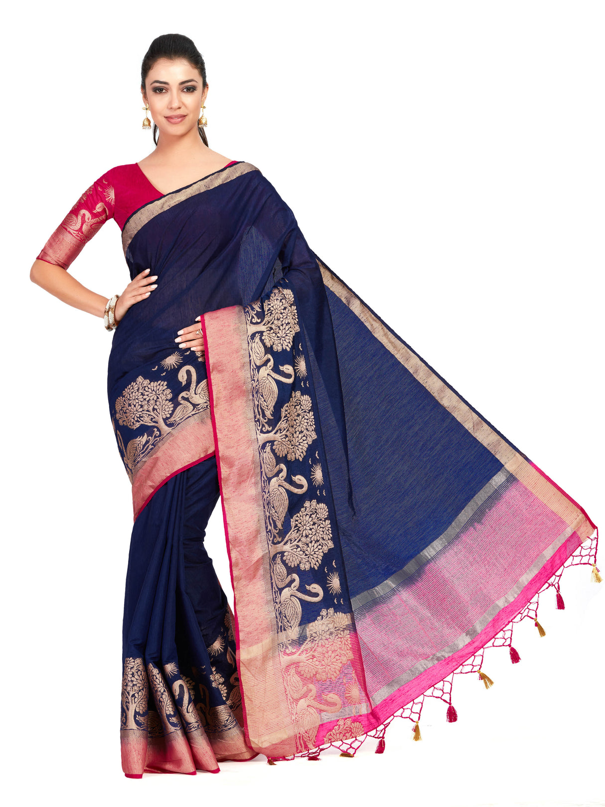 Mimosa Womens Linen Saree Kanjivaram style Navy Blue Color