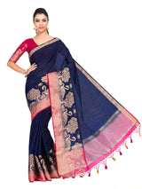 Mimosa Womens Linen Saree Kanjivaram style Navy Blue Color