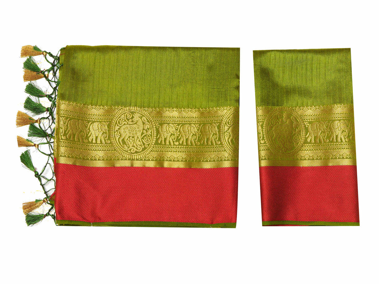 Mimosa Womens Raw Silk Saree Kanjivaram Olive Color