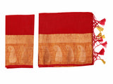 Mimosa Womens Linen Saree Kanjivaram style Red Color