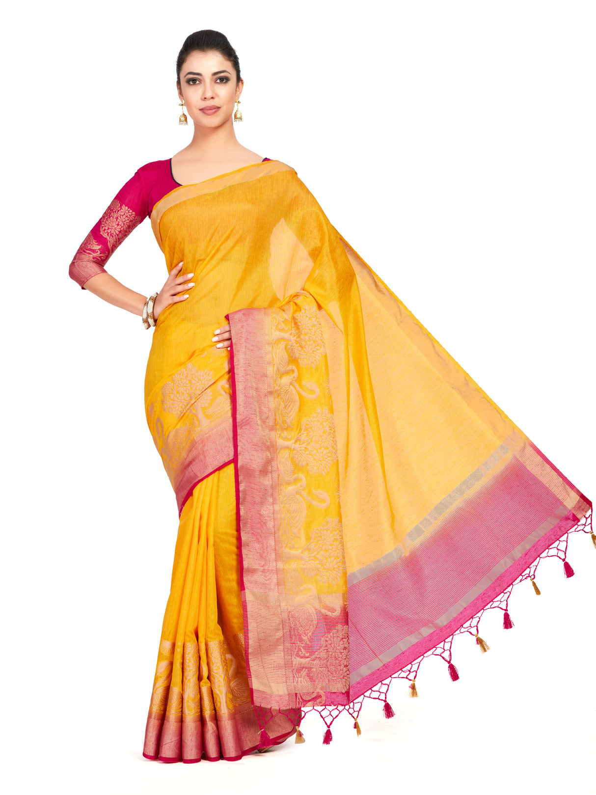 Mimosa Womens Linen Saree Kanjivaram style Gold Color