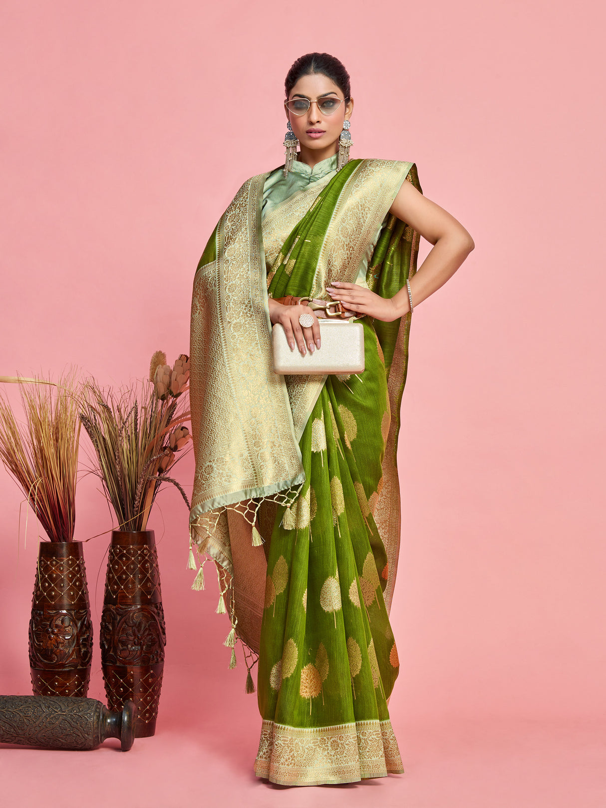 Mimosa Women's Woven Design Kanjivaram Linen Saree With Blouse Piece : SA00001234OLFREE