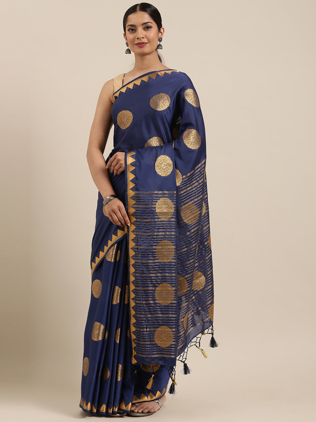 Mimosa Womens Crepe Saree Mysore Silk Navy Blue Color