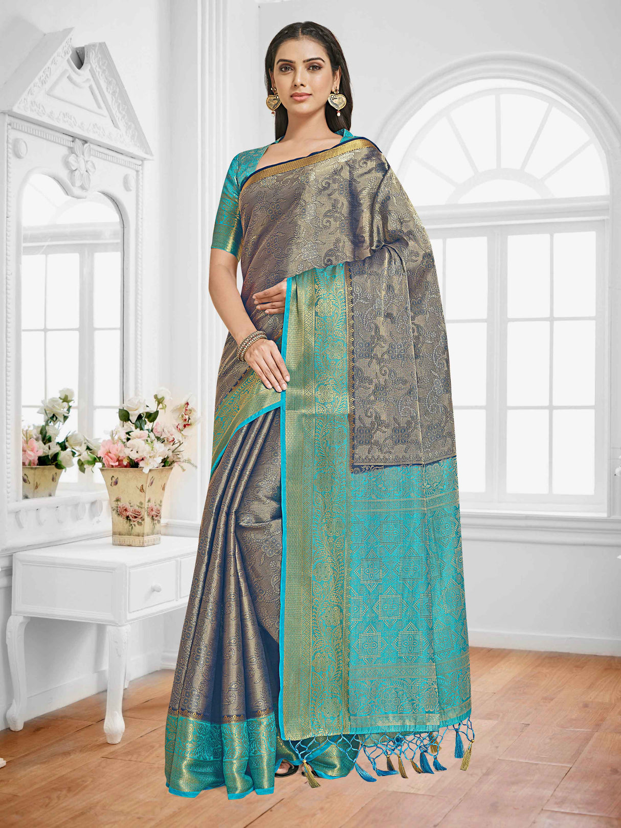 Mimosa Womens Art Silk Saree Kanjivaram Navy Blue Color