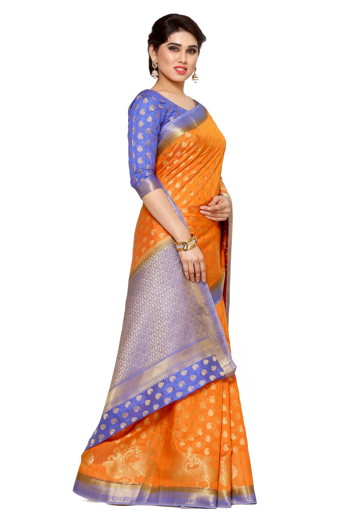 Mimosa Womens Art Silk Saree Kanjivaram Orange Color