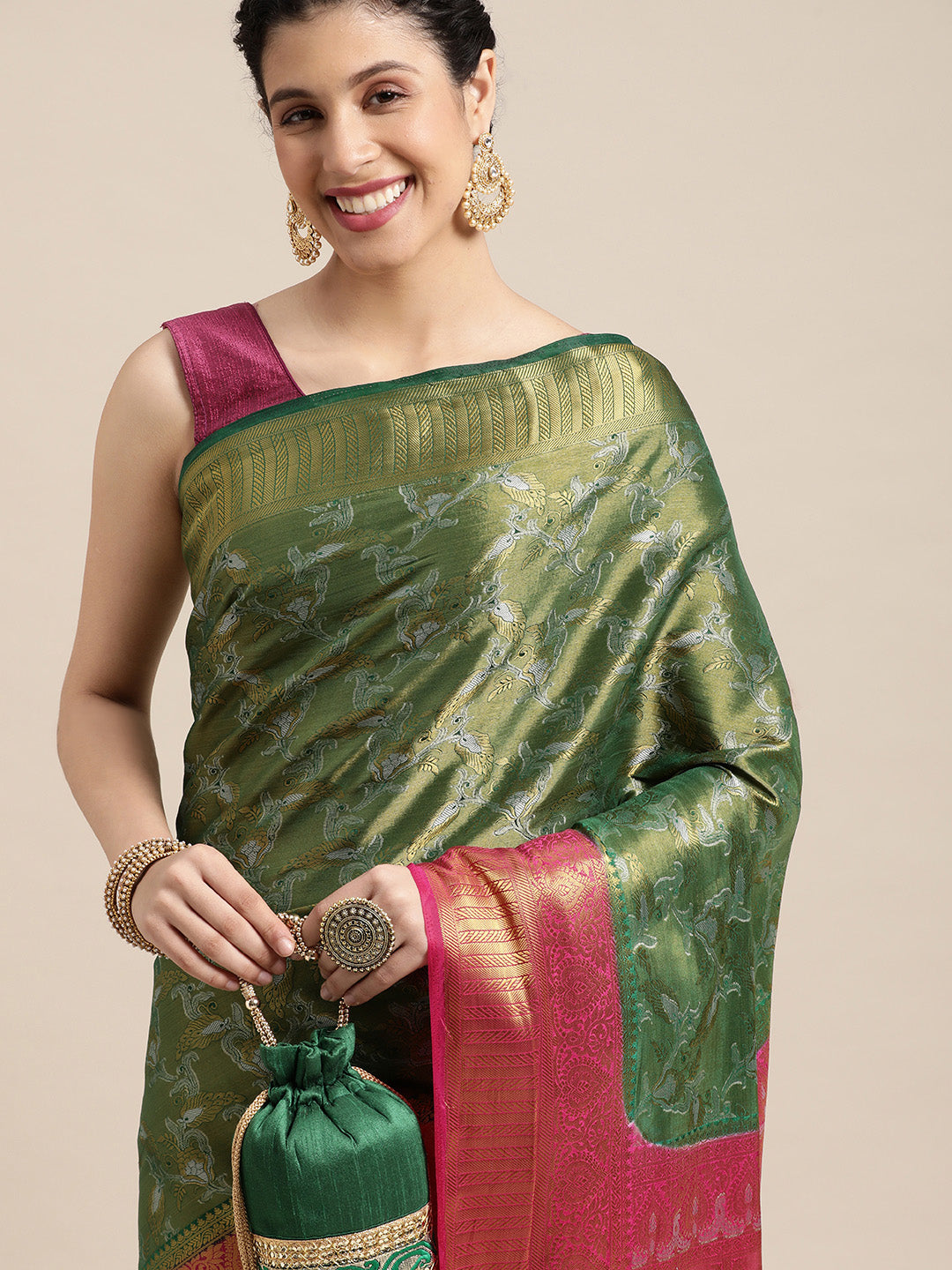 Mimosa Womens Art Silk Saree Kanjivaram Green Color