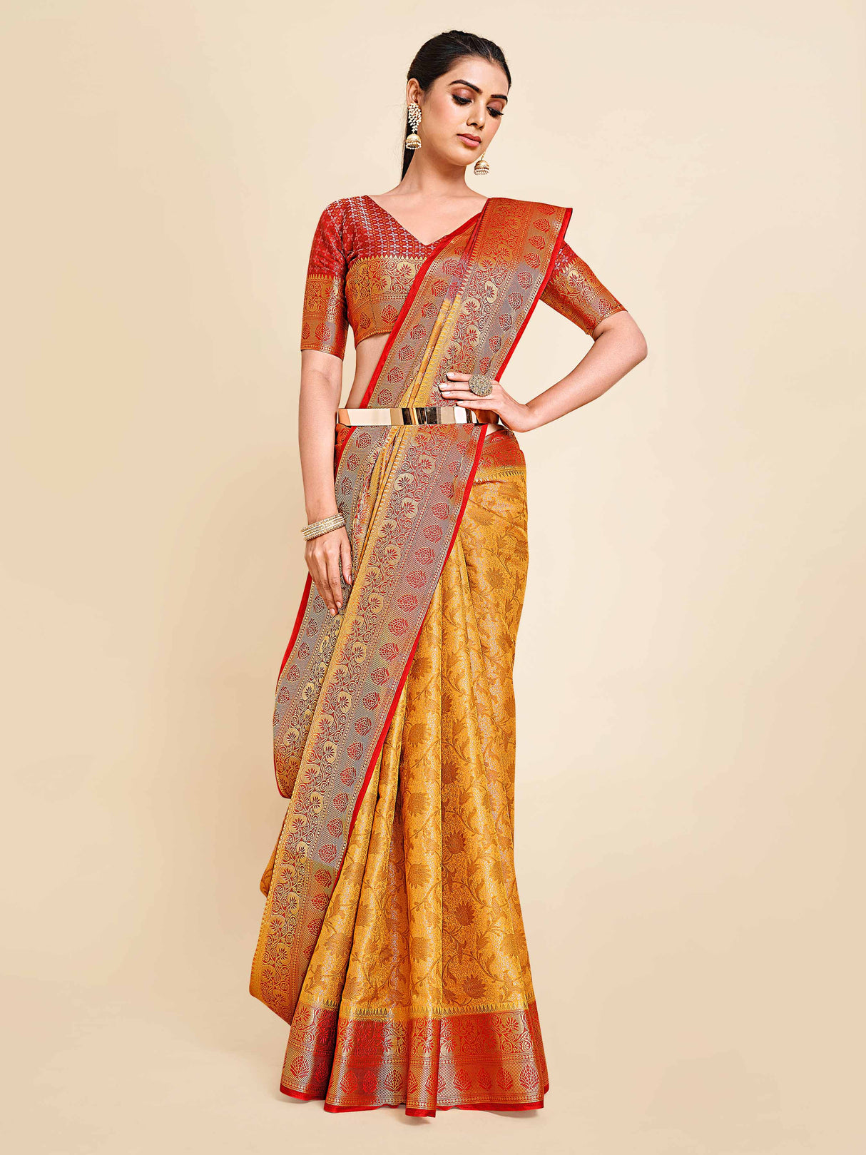 Mimosa Womens Art Silk Saree Kanjivaram Mustard Color