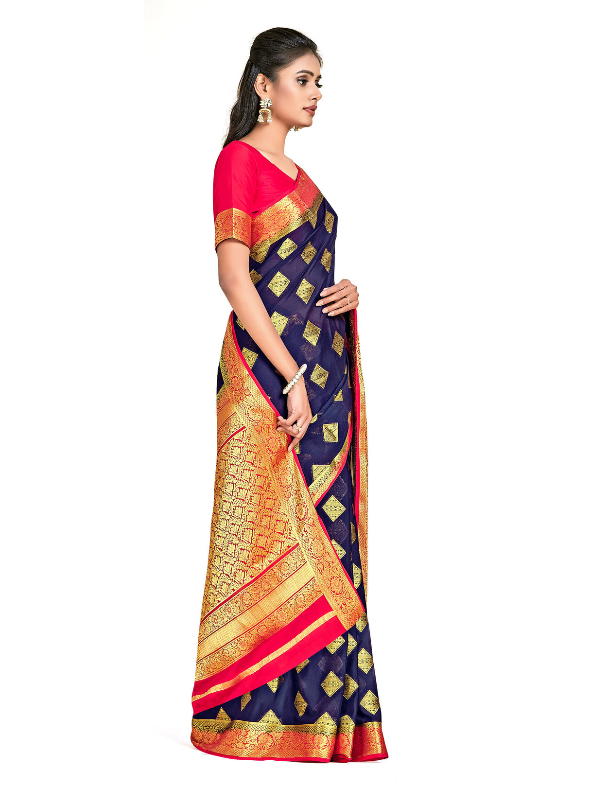 Mimosa Womens Crepe Saree Mysore Silk Navy Blue Color