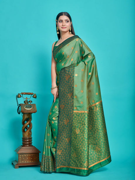 Mimosa Women's Woven Design Kanjivaram Style Art Silk Saree With Blouse Piece : SA00001329GRNFREE